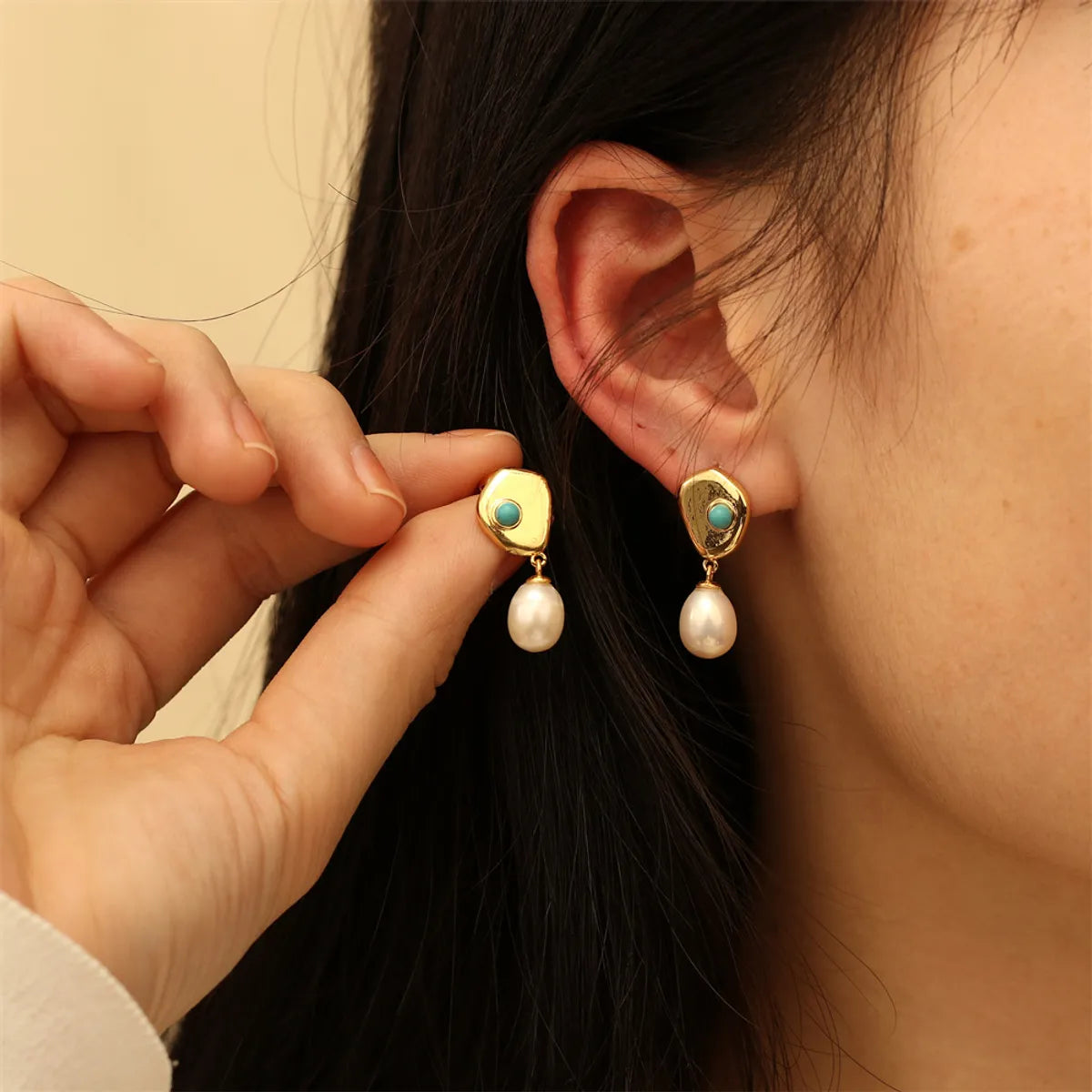 1 Pair Elegant Luxurious Irregular Plating Inlay Freshwater Pearl Copper Turquoise Zircon 18k Gold Plated Drop Earrings