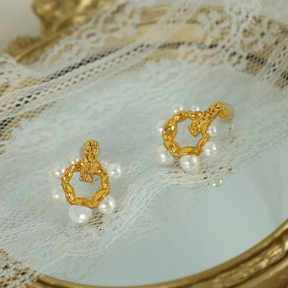 1 Pair Elegant Luxurious Lady Geometric Plating Imitation Pearl Titanium Steel 18k Gold Plated Ear Studs