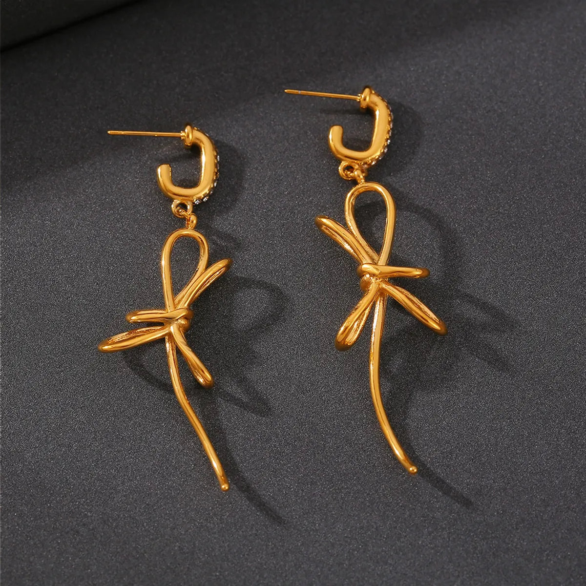 1 Pair Elegant Luxurious Modern Style Bow Knot Titanium Steel Rhinestones 18K Gold Plated Drop Earrings