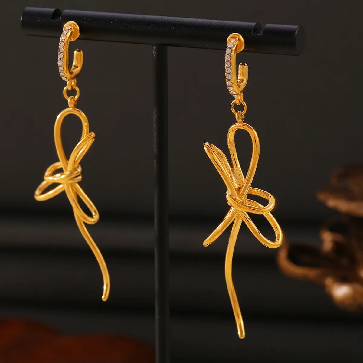 1 Pair Elegant Luxurious Modern Style Bow Knot Titanium Steel Rhinestones 18K Gold Plated Drop Earrings