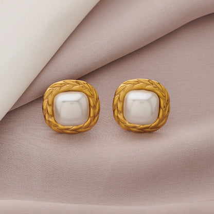 1 Pair Elegant Luxurious Quadrilateral Plating Inlay 304 Stainless Steel Imitation Pearl Artificial Pearls 18K Gold Plated Ear Studs