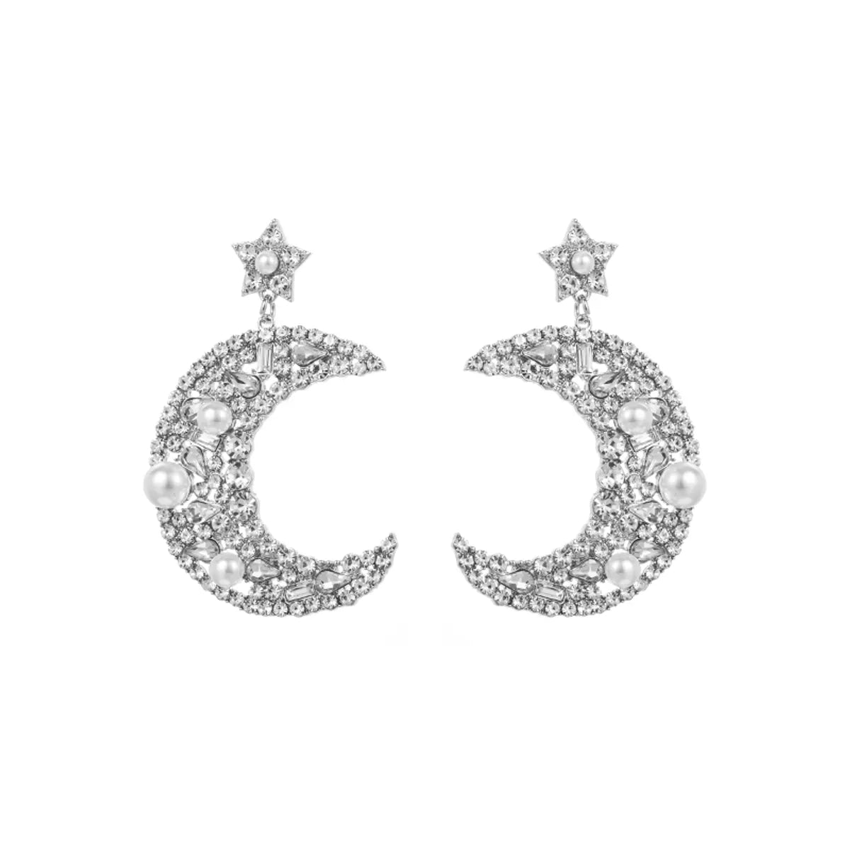 1 Pair Elegant Luxurious Queen Moon Inlay Alloy Rhinestones Pearl Drop Earrings