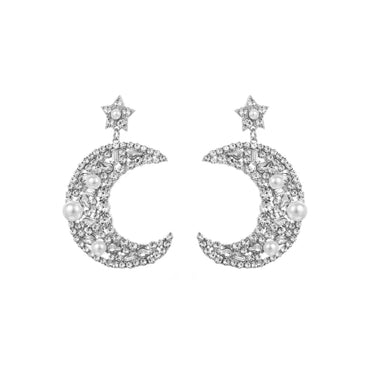 1 Pair Elegant Luxurious Queen Moon Inlay Alloy Rhinestones Pearl Drop Earrings