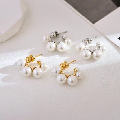 1 Pair Elegant Luxurious Round Inlay Stainless Steel Artificial Pearls Ear Studs