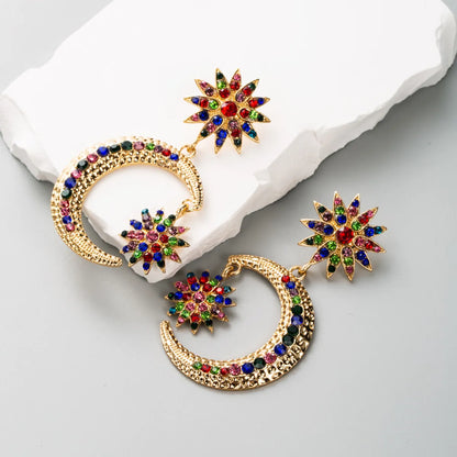 1 Pair Elegant Luxurious Star Moon Plating Inlay Alloy Rhinestones Gold Plated Drop Earrings