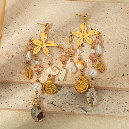 1 Pair Elegant Luxurious Starfish Conch Plating 304 Stainless Steel Crystal Pearl Shell Gold Plated Drop Earrings