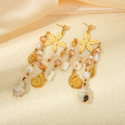 1 Pair Elegant Luxurious Starfish Conch Plating 304 Stainless Steel Crystal Pearl Shell Gold Plated Drop Earrings