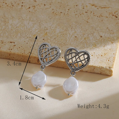 1 Pair Elegant Luxurious Sweet Heart Shape Pearl Hollow Out 304 Stainless Steel 18K Gold Plated Drop Earrings