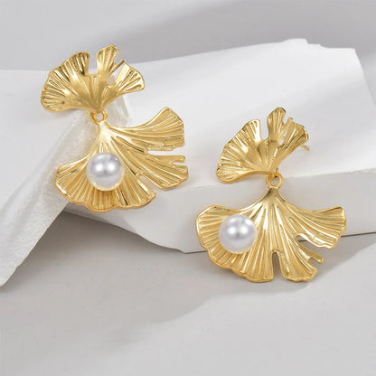 1 Pair Elegant Modern Style Ginkgo Leaf Plating Inlay Stainless Steel Pearl 18k Gold Plated Drop Earrings