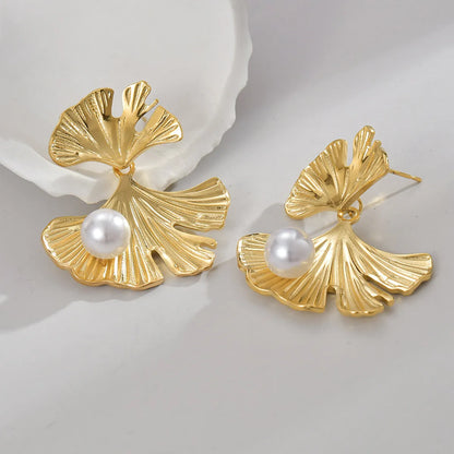 1 Pair Elegant Modern Style Ginkgo Leaf Plating Inlay Stainless Steel Pearl 18k Gold Plated Drop Earrings