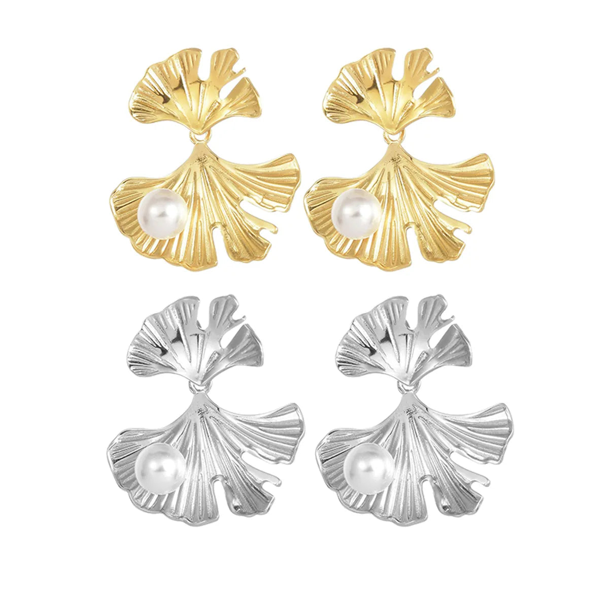 1 Pair Elegant Modern Style Ginkgo Leaf Plating Inlay Stainless Steel Pearl 18k Gold Plated Drop Earrings