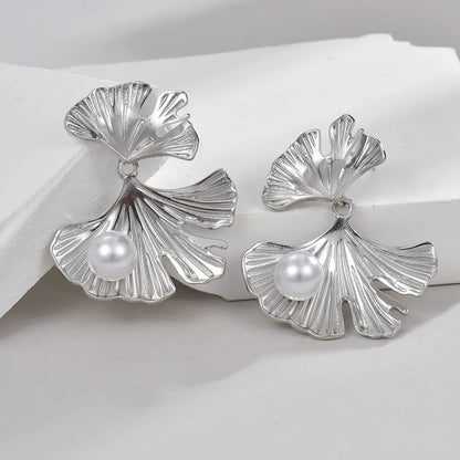 1 Pair Elegant Modern Style Ginkgo Leaf Plating Inlay Stainless Steel Pearl 18k Gold Plated Drop Earrings