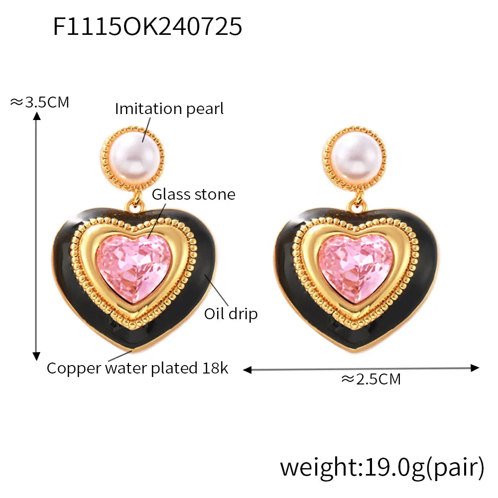 1 Pair Elegant Modern Style Streetwear Heart Shape Plating Inlay Copper Glass Stone 18K Gold Plated Drop Earrings