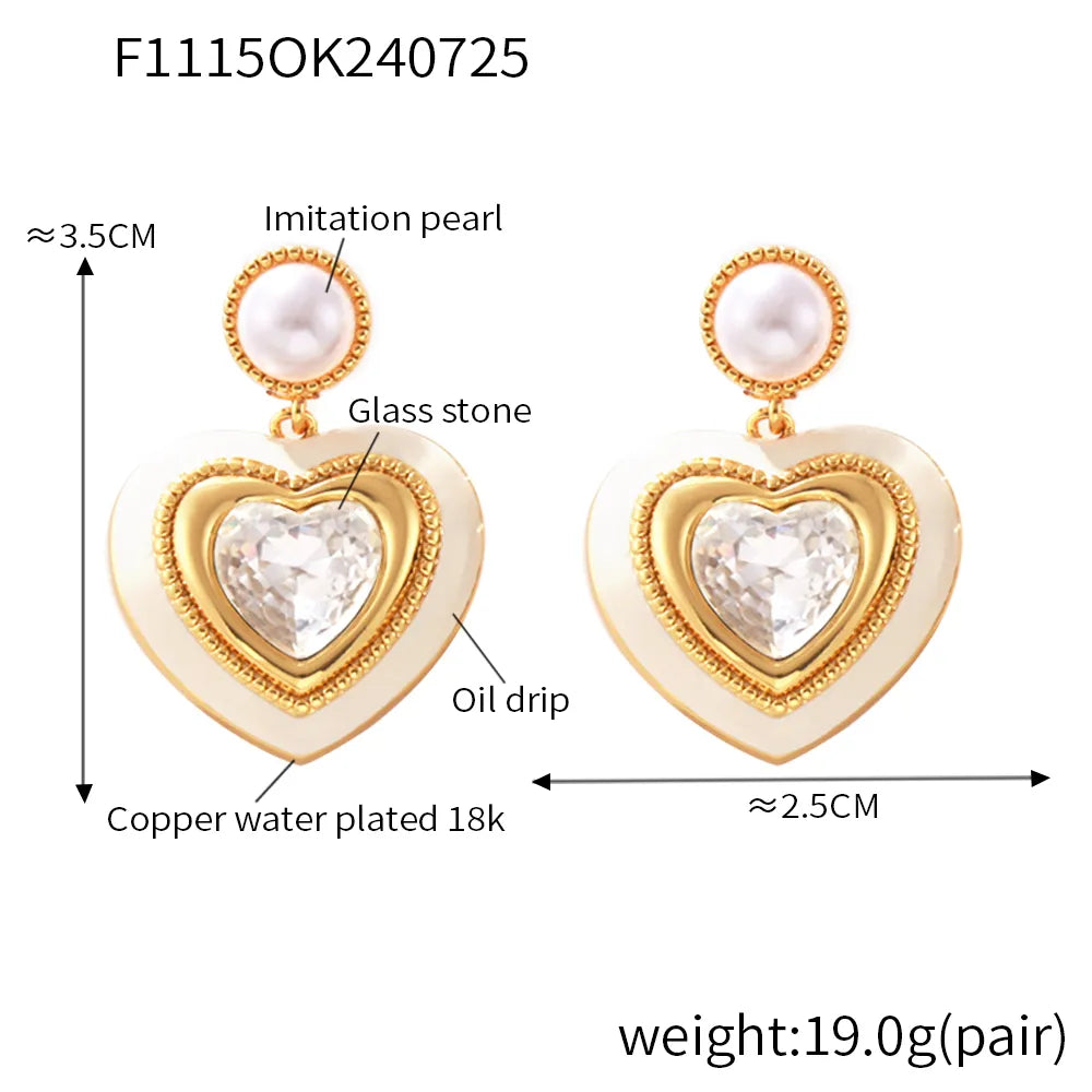 1 Pair Elegant Modern Style Streetwear Heart Shape Plating Inlay Copper Glass Stone 18K Gold Plated Drop Earrings