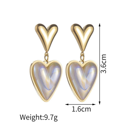 1 Pair Elegant Oval Heart Shape Shell Inlay Titanium Steel Pearl Drop Earrings