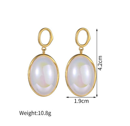 1 Pair Elegant Oval Heart Shape Shell Inlay Titanium Steel Pearl Drop Earrings