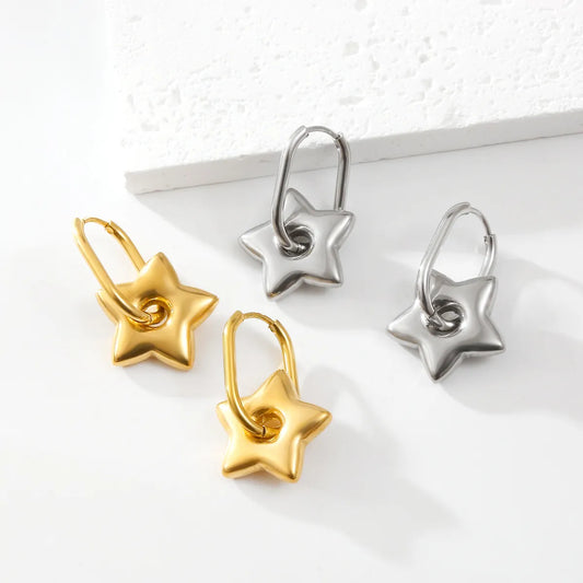 1 Pair Elegant Pentagram Plating Titanium Steel 18K Gold Plated Drop Earrings