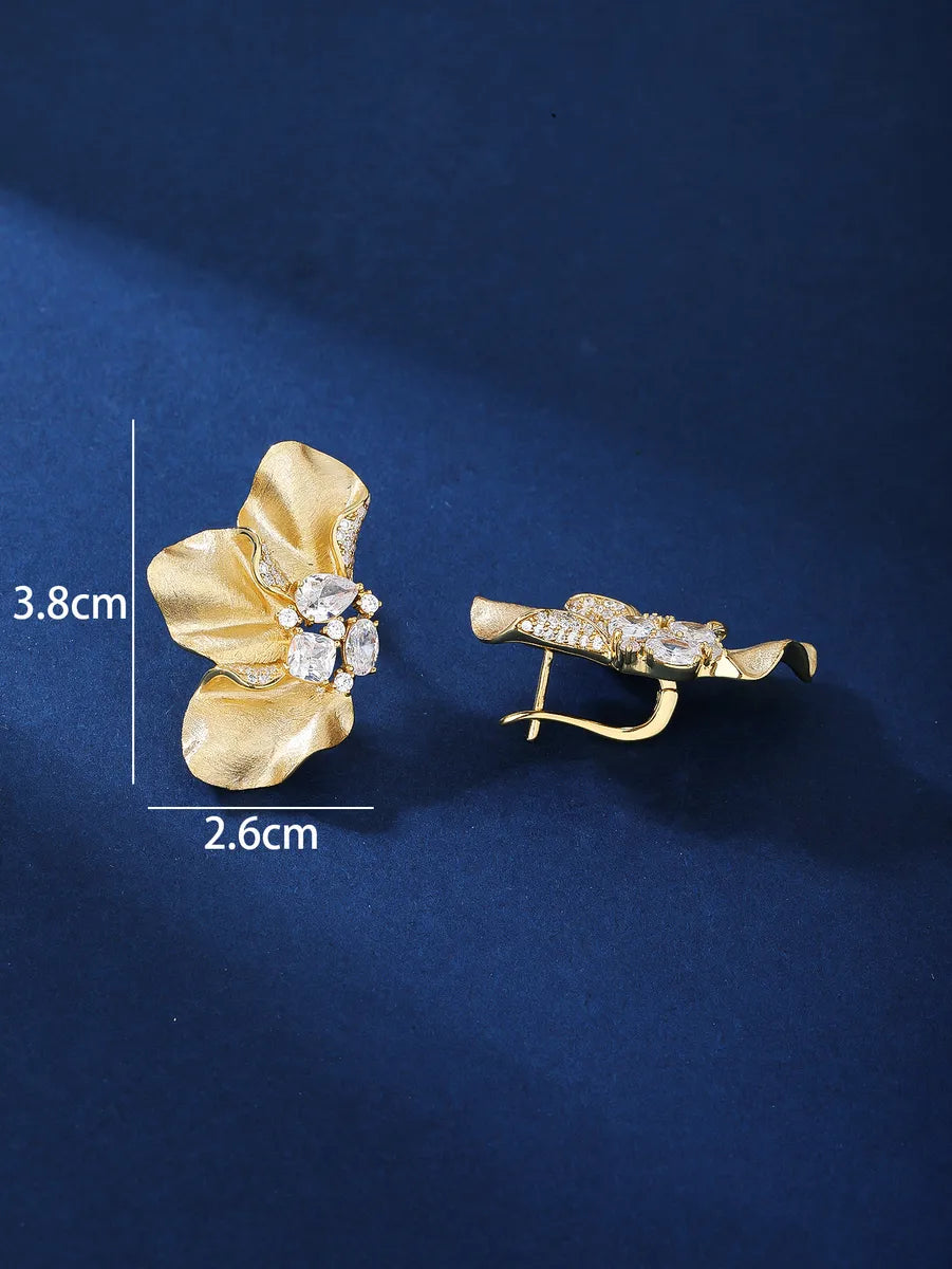 1 Pair Elegant Petal Plating Inlay Copper Zircon 18k Gold Plated Ear Studs