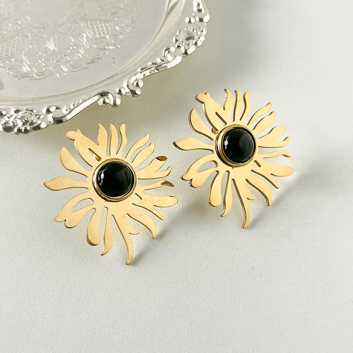 1 Pair Elegant Preppy Style Sweet Flower Plating Inlay Stainless Steel Natural Stone Gold Plated Ear Studs