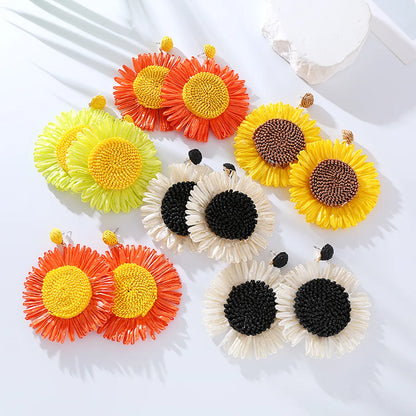 1 Pair Elegant Queen Sunflower Braid Raffia Drop Earrings