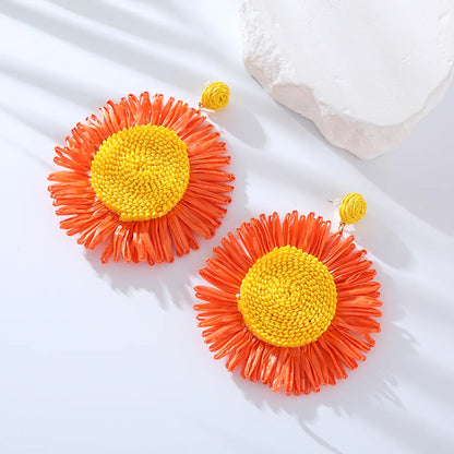 1 Pair Elegant Queen Sunflower Braid Raffia Drop Earrings