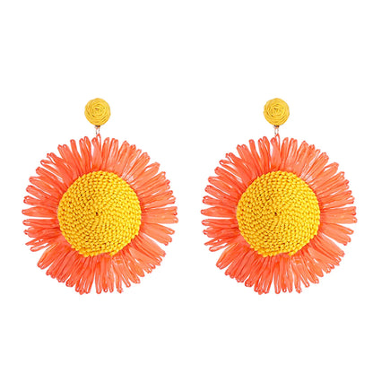 1 Pair Elegant Queen Sunflower Braid Raffia Drop Earrings