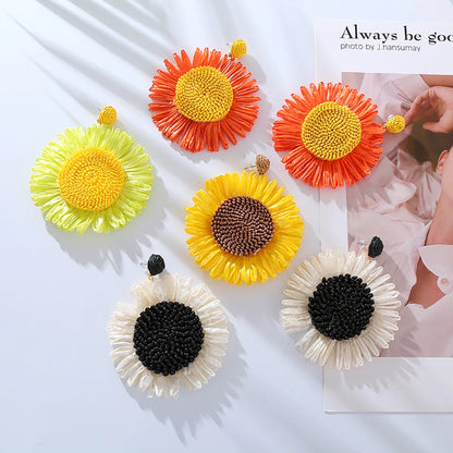 1 Pair Elegant Queen Sunflower Braid Raffia Drop Earrings