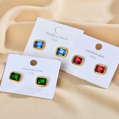 1 Pair Elegant Rectangle Inlay Stainless Steel Zircon Ear Studs