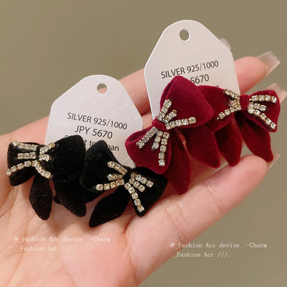 1 Pair Elegant Retro Bow Knot Inlay Alloy Flocking Rhinestones Ear Studs