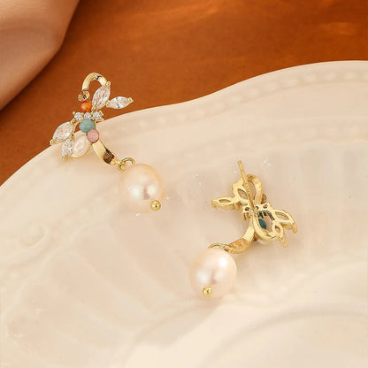 1 Pair Elegant Retro Bow Knot Inlay Freshwater Pearl Copper Agate Zircon Drop Earrings