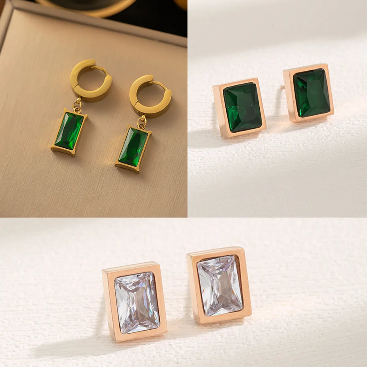 1 Pair Elegant Retro Commute Square Plating Inlay Stainless Steel Zircon 18k Gold Plated Drop Earrings Ear Studs