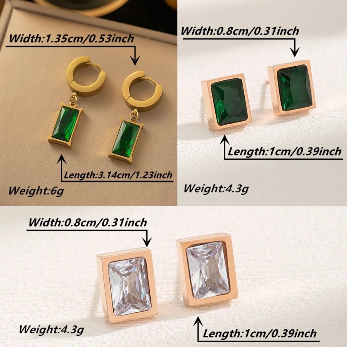 1 Pair Elegant Retro Commute Square Plating Inlay Stainless Steel Zircon 18k Gold Plated Drop Earrings Ear Studs