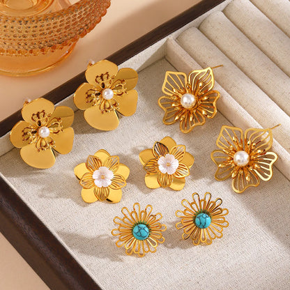 1 Pair Elegant Retro Flower 304 Stainless Steel Ear Studs