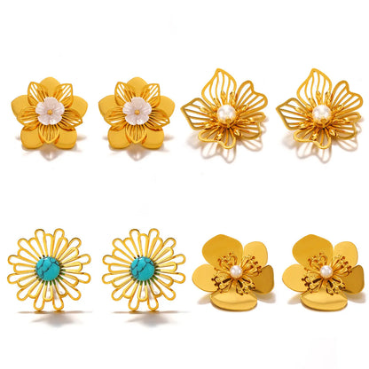 1 Pair Elegant Retro Flower 304 Stainless Steel Ear Studs