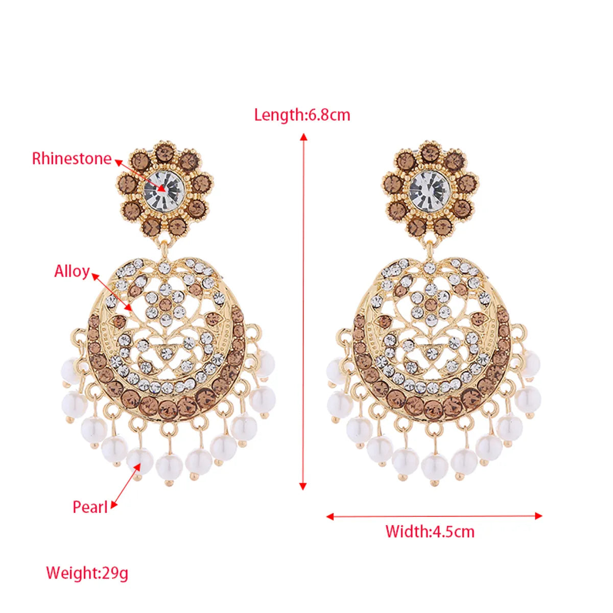 1 Pair Elegant Retro Flower Tassel Pearl Inlay Alloy Rhinestones Drop Earrings