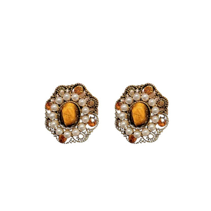 1 Pair Elegant Retro Geometric Alloy Tiger Eye Rhinestones Ear Studs