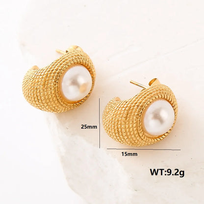 1 Pair Elegant Retro Geometric Inlay 304 Stainless Steel Artificial Pearls Zircon Ear Studs