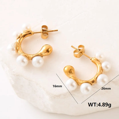 1 Pair Elegant Retro Geometric Inlay 304 Stainless Steel Artificial Pearls Zircon Ear Studs