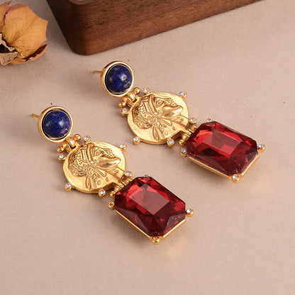 1 Pair Elegant Retro Human Geometric Inlay Alloy Rhinestones Glass Lapis Lazuli Drop Earrings