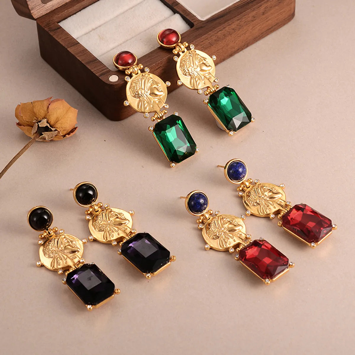 1 Pair Elegant Retro Human Geometric Inlay Alloy Rhinestones Glass Lapis Lazuli Drop Earrings