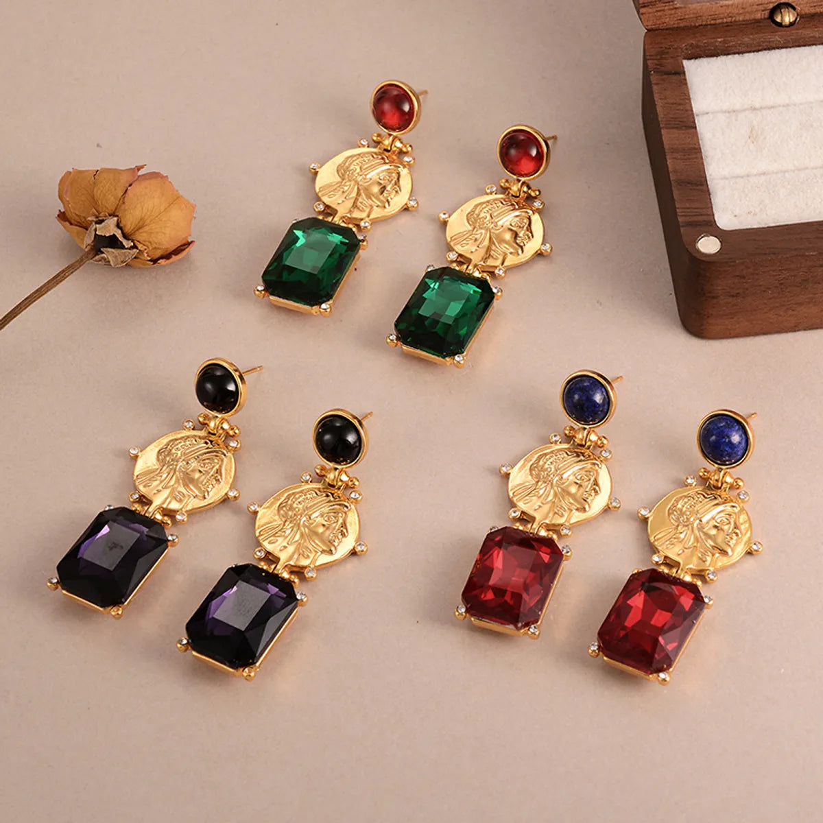 1 Pair Elegant Retro Human Geometric Inlay Alloy Rhinestones Glass Lapis Lazuli Drop Earrings