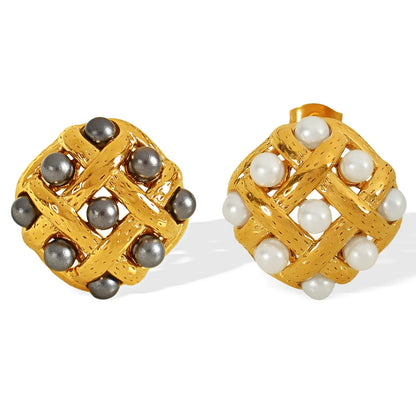 1 Pair Elegant Retro IG Style Rhombus Polishing Plating Inlay 304 Stainless Steel Artificial Pearls 18K Gold Plated Ear Studs