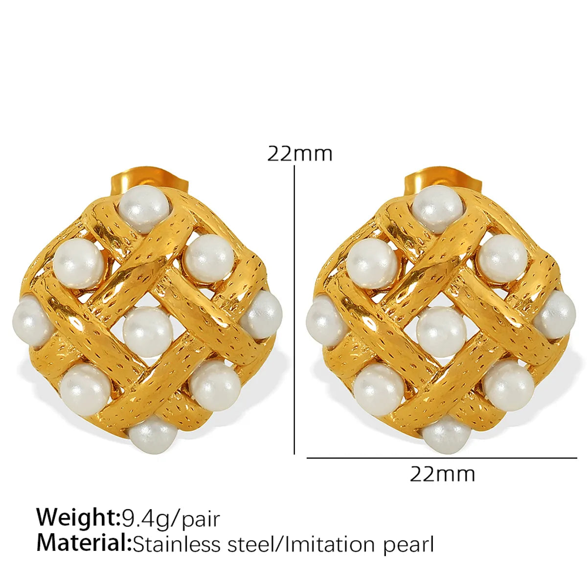 1 Pair Elegant Retro IG Style Rhombus Polishing Plating Inlay 304 Stainless Steel Artificial Pearls 18K Gold Plated Ear Studs