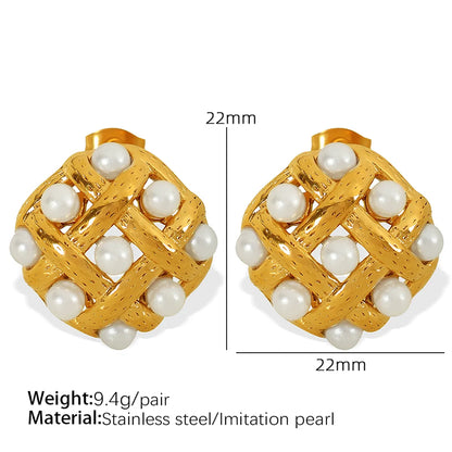 1 Pair Elegant Retro IG Style Rhombus Polishing Plating Inlay 304 Stainless Steel Artificial Pearls 18K Gold Plated Ear Studs