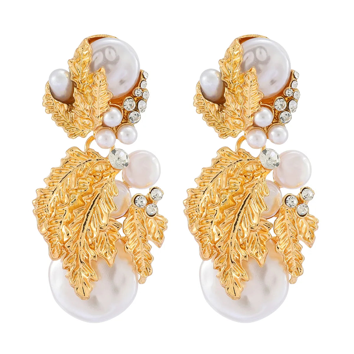 1 Pair Elegant Retro Leaves Layered Inlay Zinc Alloy Pearl Dangling Earrings