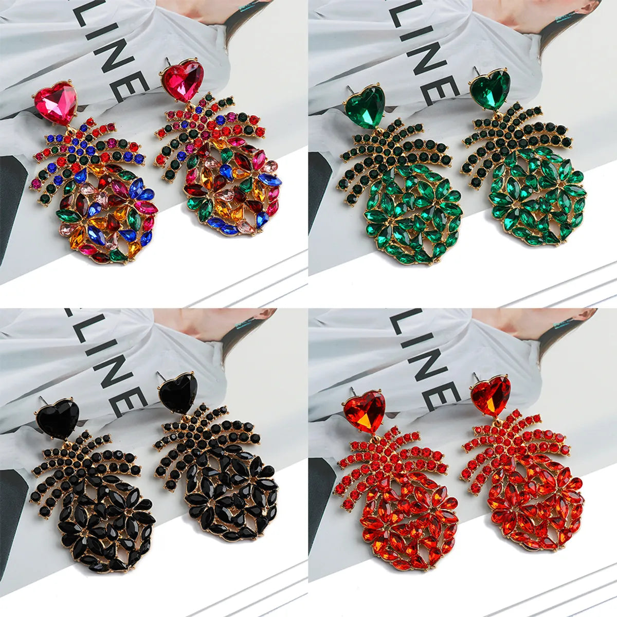 1 Pair Elegant Retro Luxurious Heart Shape Pineapple Hollow Out Inlay Zinc Alloy Rhinestones Dangling Earrings