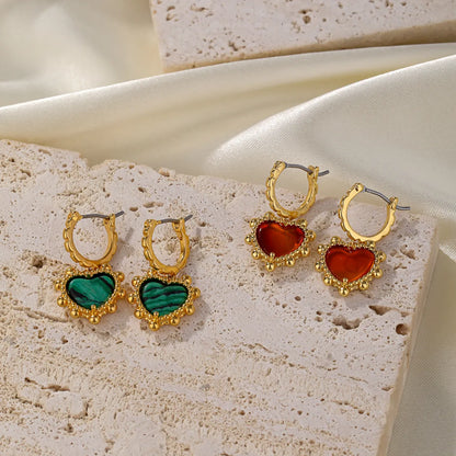 1 Pair Elegant Retro Oval Heart Shape Enamel Plating Inlay Copper Natural Stone Malachite Shell 18k Gold Plated Drop Earrings