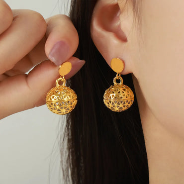 1 Pair Elegant Retro Round Ball Plating Hollow Out Inlay Titanium Steel Zircon 18k Gold Plated Drop Earrings