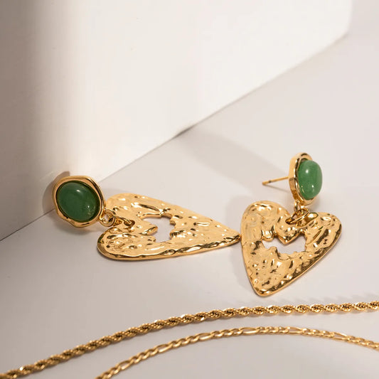 1 Pair Elegant Retro Round Heart Shape Plating Inlay Stainless Steel Aventurine 18k Gold Plated Drop Earrings