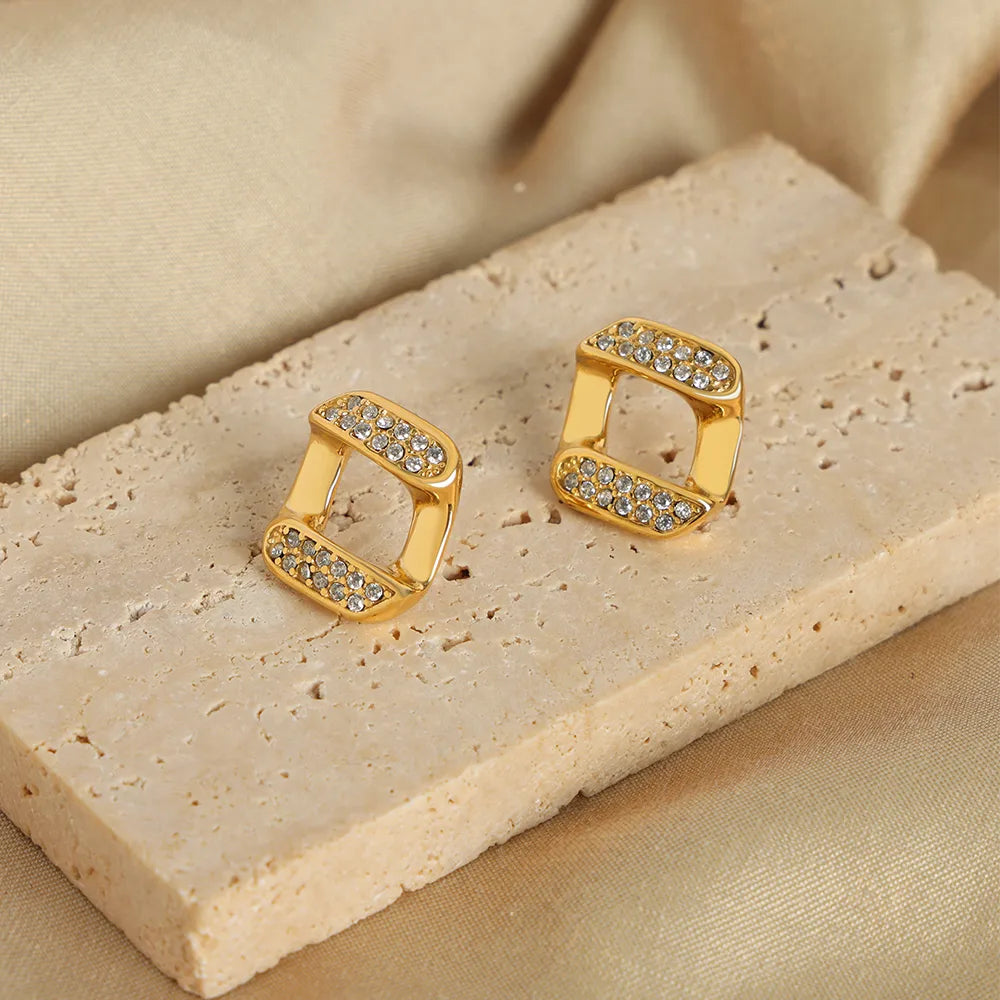 1 Pair Elegant Retro Simple Style Geometric Plating Inlay Titanium Steel Artificial Diamond 18K Gold Plated Ear Studs